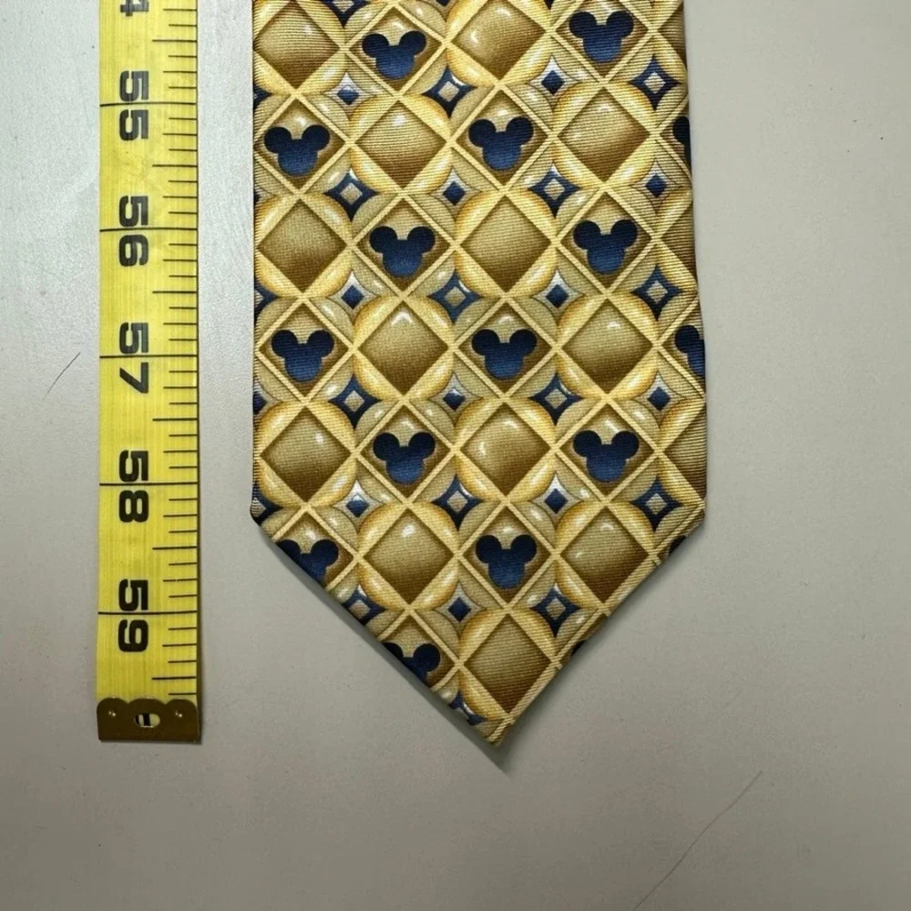 Disney Parks Mickey Mouse Gold Navy Geometric Diamond 100% Silk Mens Necktie Tie